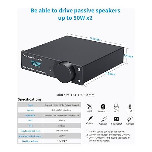  Fosi Audio DA2120A Bluetooth 5.0 2.1 CH DAC Amplifier Stereo Receiver Audio Hi-Fi Support aptX Integrated Class D Digital Power Amp for Passive Speakers Active Subwoofer with Remote Control