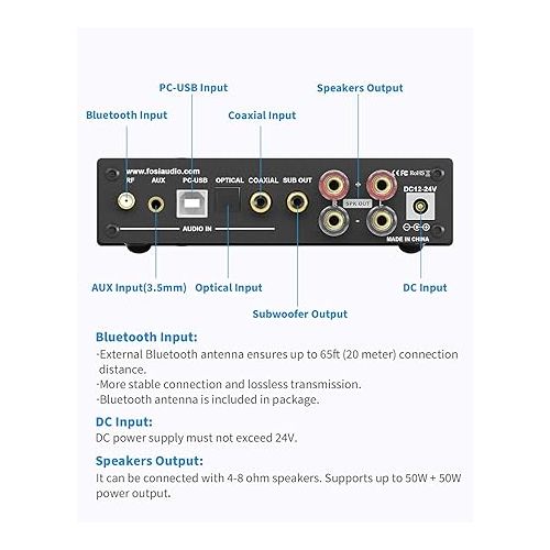  Fosi Audio DA2120A Bluetooth 5.0 2.1 CH DAC Amplifier Stereo Receiver Audio Hi-Fi Support aptX Integrated Class D Digital Power Amp for Passive Speakers Active Subwoofer with Remote Control