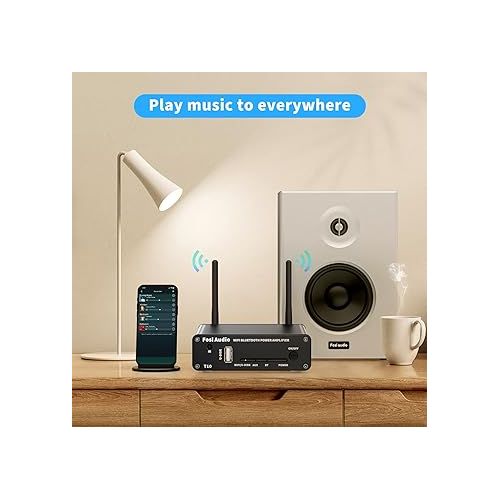  Fosi Audio T10 WiFi Stereo Amplifier Receivers 2.1CH (Support Airplay 1 and Spotify) Bluetooth 5.0 TPA3116 Receiver 24bit 192 kHz 2.4G Wi-Fi Routing Wireless Multiroom/Multi-Zone Audio Amp 100Wx2