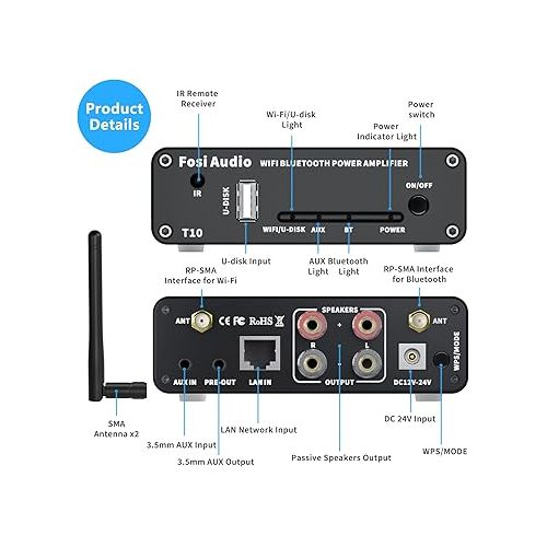  Fosi Audio T10 WiFi Stereo Amplifier Receivers 2.1CH (Support Airplay 1 and Spotify) Bluetooth 5.0 TPA3116 Receiver 24bit 192 kHz 2.4G Wi-Fi Routing Wireless Multiroom/Multi-Zone Audio Amp 100Wx2