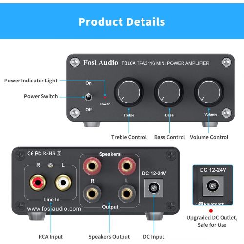  [아마존베스트]2 Channel Stereo Audio Amplifier Receiver Mini Hi-Fi Class D Integrated Amp 2.0CH for Home Speakers 100W x 2 with Bass and Treble Control TPA3116(with Power Supply) - Fosi Audio TB