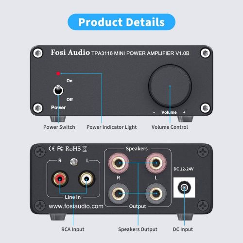  Fosi Audio V1.0B 2 Channel Amplifier Stereo Audio Amp Mini Hi-Fi Class D Integrated TPA3116 Amp for Home Speakers 50W x 2 with 19V 4.74A Power Supply