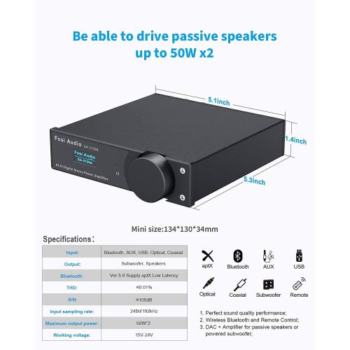  [아마존베스트]Fosi Audio Bluetooth Amplifier Stereo Hi-Fi 2.1 Channel Wireless Stream aptX, 24Bit/192kHz Class D Compact Mini Power Amp Integrated USB DAC Coaxial Optical, Support Subwoofer & Re