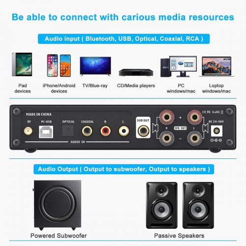  [아마존베스트]Fosi Audio DA2120C Bluetooth Amplifier 120W x2 Stereo Hi-Fi 2.1 Channel Wireless Stream aptX, 24Bit/192kHz Class D Compact Mini Power Amp Integrated USB DAC Coaxial Optical, Suppor