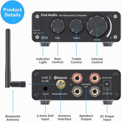  [아마존베스트][2020 Upgraded] Bluetooth 5.0 Stereo Audio Amplifier Receiver 2 Channel Class D Mini Hi-Fi Integrated Amp for Home Speakers 50W x 2 TPA3116 - Fosi Audio BT10A