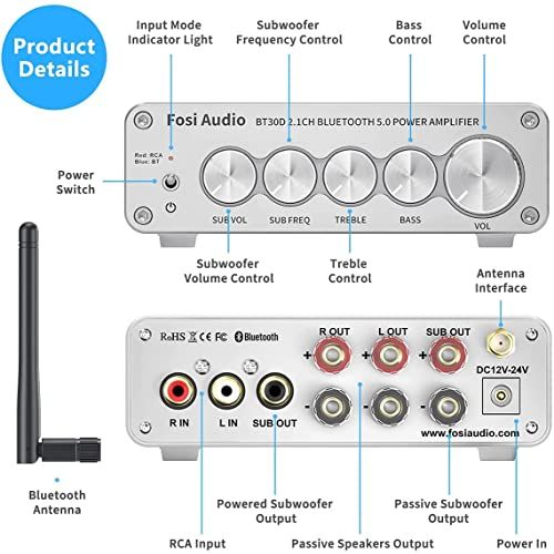  [아마존베스트]Fosi Audio BL20C Bluetooth 5.0 Stereo Audio Receiver Amplifier 2.1 CH Mini Hi-Fi Class D Integrated Amp U-Disk Player for Home Passive Speakers Powered Subwoofer 160W x2 TDA7498E (