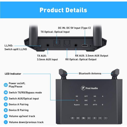  [아마존베스트]Fosi Audio BT05 Bluetooth 5.0 Transmitter and Receiver 3-in-1 Digital Optical and 3.5mm Wireless Audio Adapter for TV/Home Stereo System/Car/Nintendo Switch (Support aptX HD/Low La