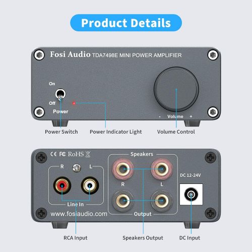  Fosi Audio TDA7498E 2 Channel 160W x2 Stereo Audio Amplifier Mini Hi-Fi Class D Integrated Amp for Passive Speakers with 24V Power Supply