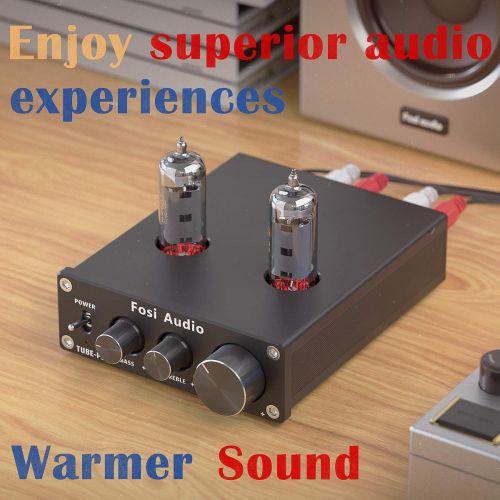  Fosi Audio P1 Tube Pre-Amplifier Mini Hi-Fi Stereo Preamp 6K4 Valve Vacuum Pre-amp with Treble Bass Tone Control for Home Theater HiFi System