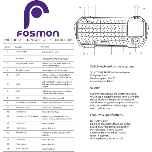  [아마존베스트]Fosmon Mini Bluetooth Keyboard (QWERTY Keypad), Wireless Portable Lightweight with built-in Touchpad, works with Apple TV, PS4, Smartphones and more