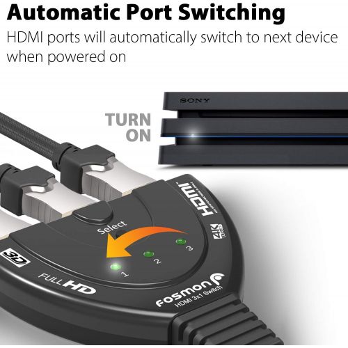  [아마존베스트]Fosmon 3-Port HDMI Switch 4K, 3x1 Switcher (Automatic Switching) Support Ultra HD 3D HDR Full HD 1080P HDCP, HDMI Splitter Hub Compatible with Apple TV Roku Fire TV Stick HDTV PS4