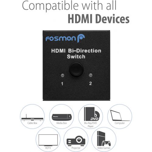  Fosmon 2-Port HDMI 2.0 Switch 4K 60Hz, 2x1 / 1x2 Bi-Directional HDMI Switcher UHD 4Kx2K 3D HD 1080p HDCP, 2 Input 1 Output Splitter Hub Compatible with HDTV, PS4, Xbox One, Apple T