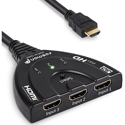  Fosmon 3 Port HDMI Switch, Automatic Switching Splitter 3x1 Switch Supports Full HD 3D 1080p HDCP, 3 to 1 HDMI Splitter Switcher with 24K Cable for HDTV PS3 PS4 Xbox One Blu ray Ap