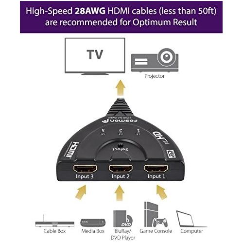  Fosmon 3 Port HDMI Switch, Automatic Switching Splitter 3x1 Switch Supports Full HD 3D 1080p HDCP, 3 to 1 HDMI Splitter Switcher with 24K Cable for HDTV PS3 PS4 Xbox One Blu ray Ap