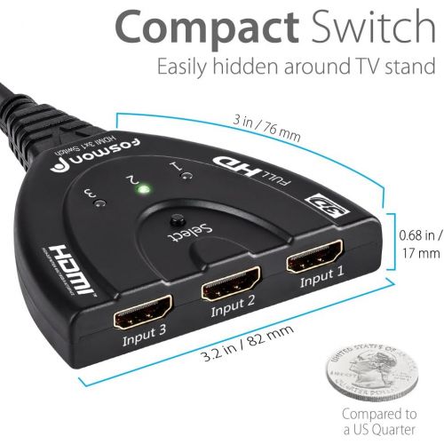  Fosmon 3 Port HDMI Switch, Automatic Switching Splitter 3x1 Switch Supports Full HD 3D 1080p HDCP, 3 to 1 HDMI Splitter Switcher with 24K Cable for HDTV PS3 PS4 Xbox One Blu ray Ap