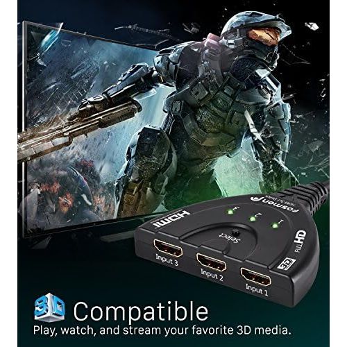  Fosmon 3 Port HDMI Switch, Automatic Switching Splitter 3x1 Switch Supports Full HD 3D 1080p HDCP, 3 to 1 HDMI Splitter Switcher with 24K Cable for HDTV PS3 PS4 Xbox One Blu ray Ap