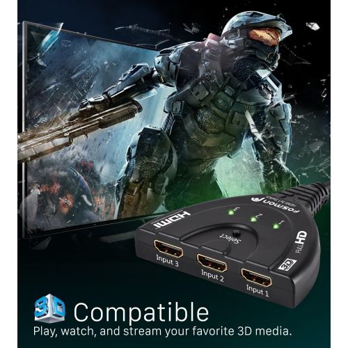 Fosmon 3 Port HDMI Switch, Automatic Switching Splitter 3x1 Switch Supports Full HD 3D 1080p HDCP, 3 to 1 HDMI Splitter Switcher with 24K Cable for HDTV PS3 PS4 Xbox One Blu ray Ap
