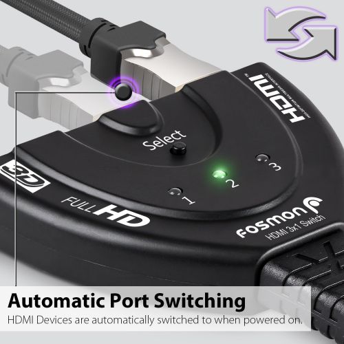  Fosmon 3 Port HDMI Switch, Automatic Switching Splitter 3x1 Switch Supports Full HD 3D 1080p HDCP, 3 to 1 HDMI Splitter Switcher with 24K Cable for HDTV PS3 PS4 Xbox One Blu ray Ap