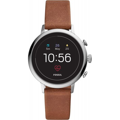 파슬 Fossil Womens Gen 4 Q Venture HR Stainless Steel and Leather Touchscreen Smartwatch, Color: Silver, Brown (Model: FTW6014)