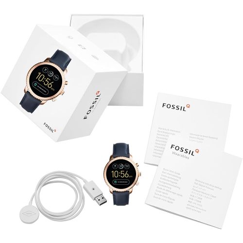 파슬 Fossil Q Mens Gen 3 Explorist Stainless Steel and Leather Smartwatch, Color: Rose Gold-Tone, Blue (Model: FTW4002)