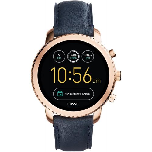 파슬 Fossil Q Mens Gen 3 Explorist Stainless Steel and Leather Smartwatch, Color: Rose Gold-Tone, Blue (Model: FTW4002)