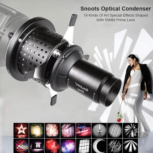  [아마존베스트]Fotoconic Bowens Mount Optical Snoot Spotlight Concentrator for Studio Flash LED Light 50mm Lens Built-in Geometry Graphics Adjustment with 8 Round Gobos