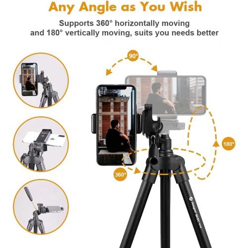  Fotopro Phone Tripod, 48 Camera Tripod with 3-Way Head, Lightweight Aluminum Tripod for iPhone, Samsung, 1/4’’ Screw Travel Tripod with Wireless Remote for DSLR Camera, Canon, Sony
