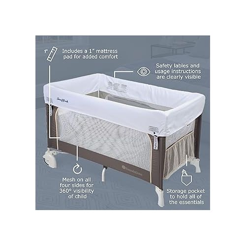  Foundations SnugFresh Elite Baby Travel Play Yard & Play Pen, Features 2-Wheel Design, Includes SnugFresh Washable Fabric Cover and 1” High Density Foam Mattress (Sahara)