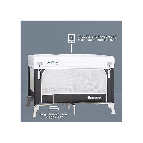  Foundations SnugFresh Celebrity Portable Play Yard & Play Pen, Easy to Fold & Assemble, Includes Storage Bag and 1” High Density Foam Mattress (Graphite)