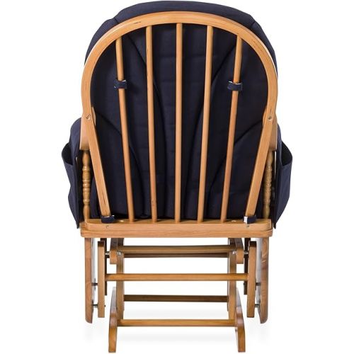  Foundations Lullaby Glider Rocker Chair for Nursery or Daycare, Solid Wood Base Frame, Padded Foam Arm Rests, Side Storage Pockets, Designed for Comfort (Natural/Blue)