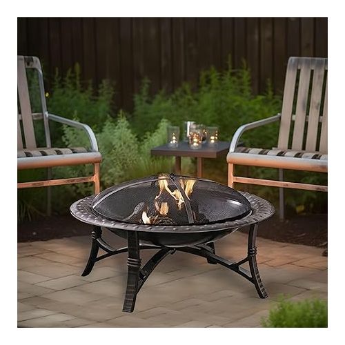  35 Inch Round Wood Burning Firepit Bowl Outdoor Backyard Patio Fireplace with Safety Screen and Fire Grate, Black