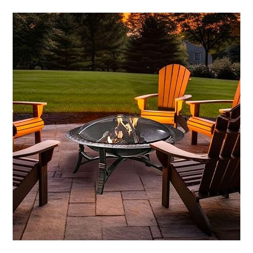  35 Inch Round Wood Burning Firepit Bowl Outdoor Backyard Patio Fireplace with Safety Screen and Fire Grate, Black