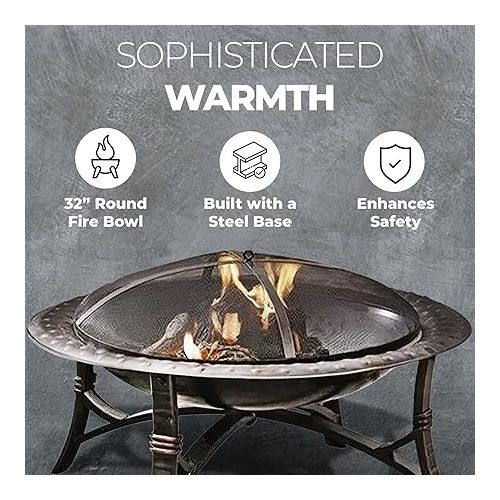  35 Inch Round Wood Burning Firepit Bowl Outdoor Backyard Patio Fireplace with Safety Screen and Fire Grate, Black