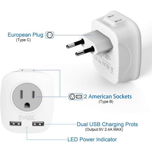  [아마존 핫딜]  [아마존핫딜]FOVAL European Plug Adapter, Foval European Adapter Outlet with 2 USB, 4 in 1 US to Europe Travel Plug Adaptor for France, Germany, Iceland, Spain, Italy and More (3 Pack Type C)