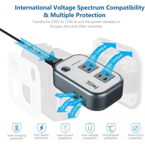  [아마존핫딜][아마존 핫딜] FOVAL Foval Power Step Down 220V to 110V Voltage Converter with 4-Port USB International Travel Adapter for UK European Etc - [Use for US appliances Overseas]