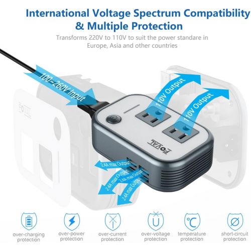  [아마존베스트]FOVAL Foval Power Step Down 220V to 110V Voltage Converter with 4-Port USB International Travel Adapter for UK European Etc - [Use for US appliances Overseas]