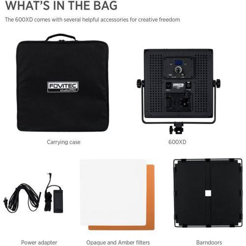  Fovitec - 1x Photography & Video Daylight 600XD LED Panel wFilters & Bag - [95+ CRI][Continuous Lighting][Stepless Knobs][V-Lock][5600K]