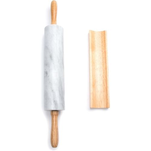  Fox Run Polished Marble Rolling Pin with Wooden Cradle, 10-Inch Barrel, White