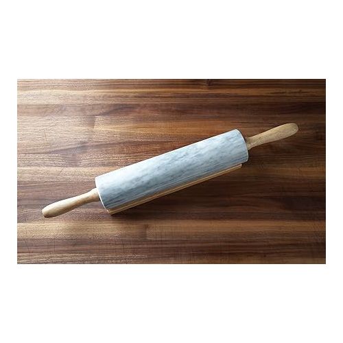  Fox Run Polished Marble Rolling Pin with Wooden Cradle, 10-Inch Barrel, White