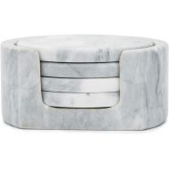 Fox Run Natural Polished Marble Stone, 4 Coasters With Holder, White