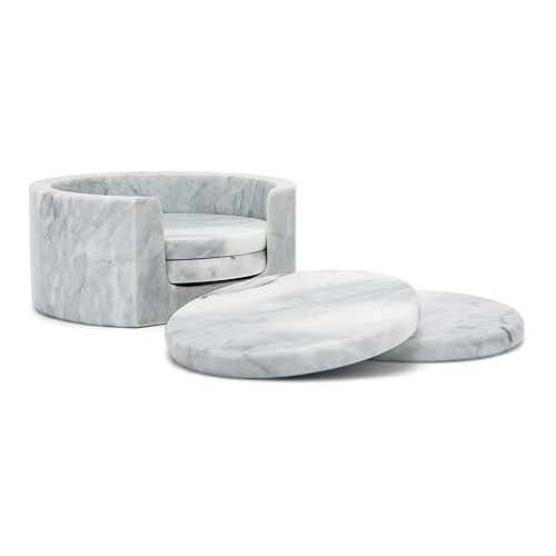  Fox Run Natural Polished Marble Stone, 4 Coasters With Holder, White