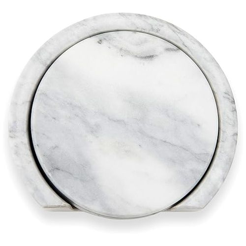  Fox Run Natural Polished Marble Stone, 4 Coasters With Holder, White