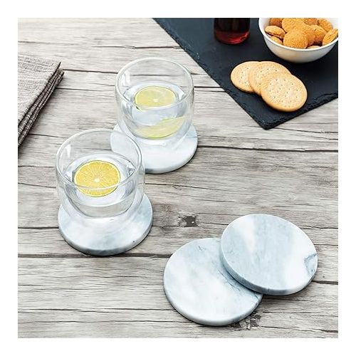  Fox Run Natural Polished Marble Stone, 4 Coasters With Holder, White