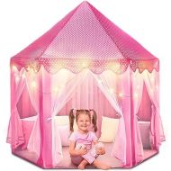 Castle Princess Tents for Little Girls with Lights, Soft Fairy Star Lighting for Indoor and Outdoor Play, Quick 55” x 53” Pop Up Canopy, Relaxation and Creative Space for Kids, Pink