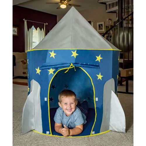  [아마존베스트]FoxPrint Rocket Ship Tent - Space Themed Pretend Play Tent - Space Play House - Spaceship Tent For Kids - Foldable Pop Up Star Play Tent Blue