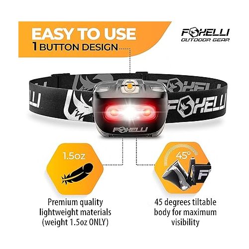  Foxelli LED Headlamp Flashlight for Adults & Kids, Running, Camping, Hiking Head Lamp with White & Red Light, Lightweight Waterproof Headlight with Comfortable Headband, 3 AAA Batteries Included