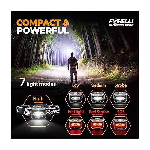  Foxelli LED Headlamp Flashlight for Adults & Kids, Running, Camping, Hiking Head Lamp with White & Red Light, Lightweight Waterproof Headlight with Comfortable Headband, 3 AAA Batteries Included