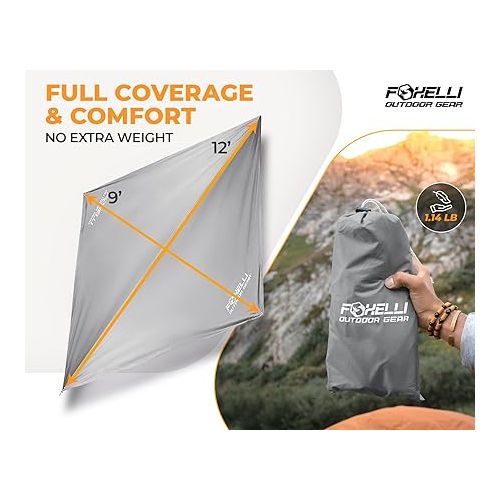  Foxelli Camping Tarp - Waterproof Lightweight Tent & Hammock Tarp Rain Fly for Camping, Backpacking w/Easy Setup Including Extra Long Guy Lines & Stakes