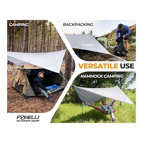  Foxelli Camping Tarp - Waterproof Lightweight Tent & Hammock Tarp Rain Fly for Camping, Backpacking w/Easy Setup Including Extra Long Guy Lines & Stakes