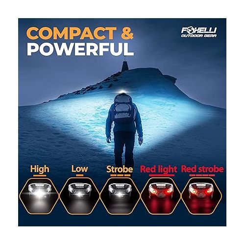  Foxelli Rechargeable Headlamp Flashlight - Super Bright LED Head Lamp for Running, Camping, Hiking & Work, Lightweight Comfortable Head Light for Adults and Kids